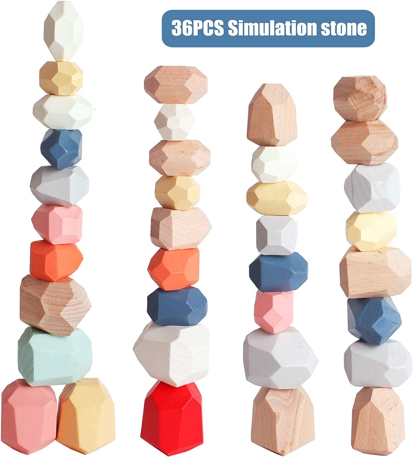 36 PCS Wooden Sorting Stacking Rocks Stones,Sensory Toddler Toys Learning Montessori Toys, Building Blocks Game for Kids 3 4 5 6 Years Boy and Girl Birthday Gifts for Kids