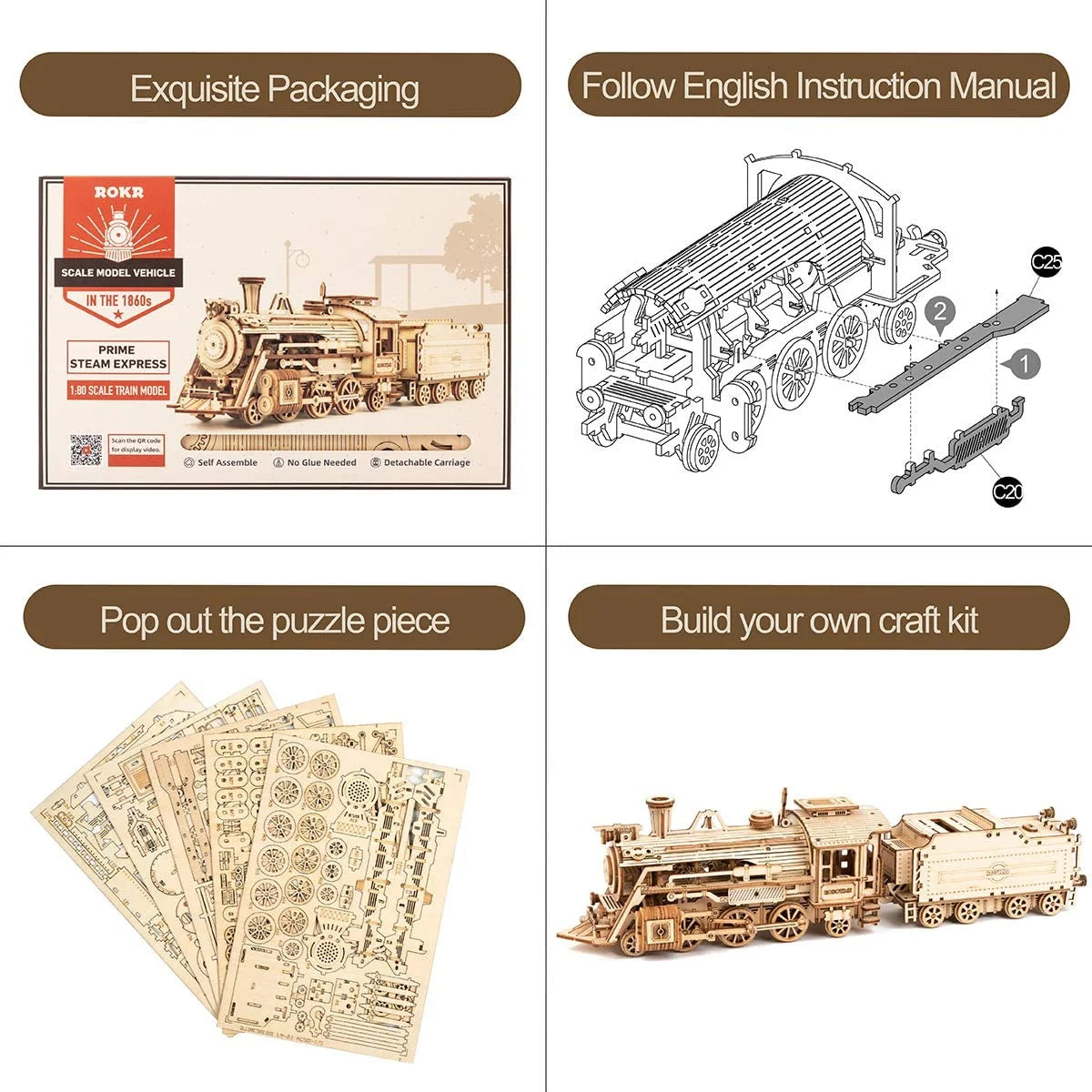 3D Wooden Puzzle for Adults-Mechanical Train Model Kits-Brain Teaser Puzzles-Vehicle Building Kits-Unique Gift for Kids on Birthday/Christmas Day(1:80 Scale)