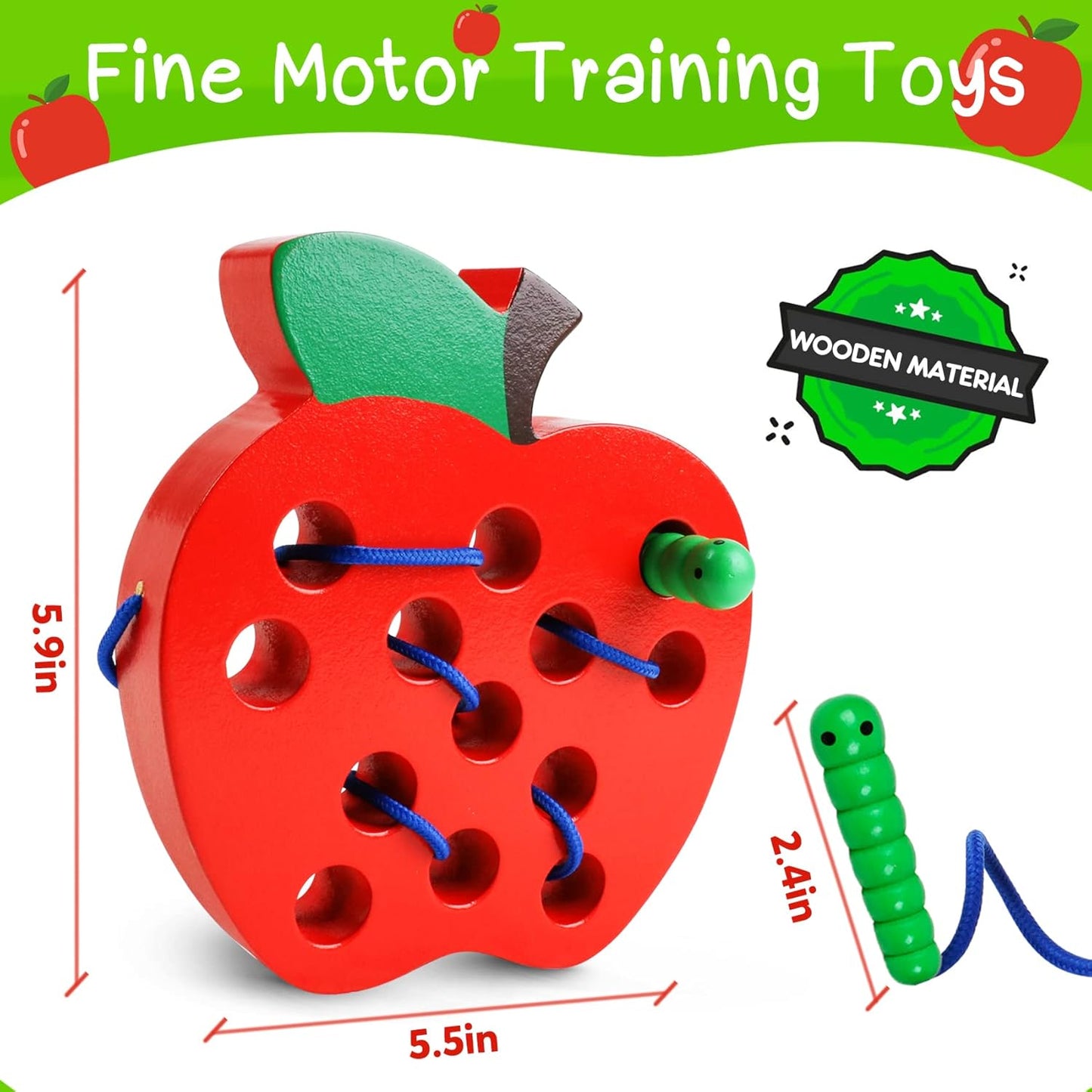 Wooden Lacing Apple Toy for Toddlers 3-5 Years Old, Montessori Fine Motor Skills Threading Puzzle, Educational Travel Gift for Boys & Girls