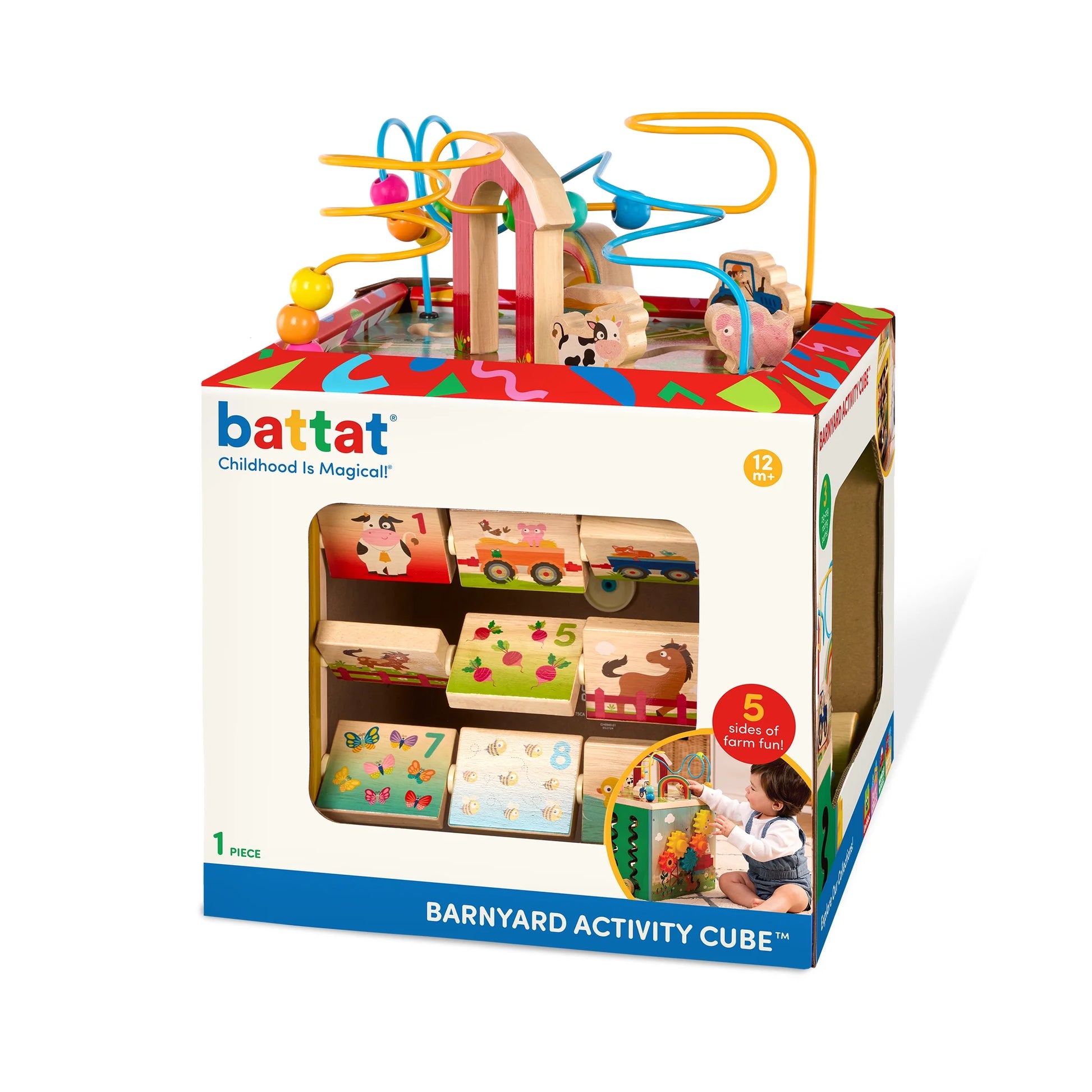 Barnyard Activity Cube with 5 Multicolor Sides and Bead Maze Wooden, Baby and Toddler Toys