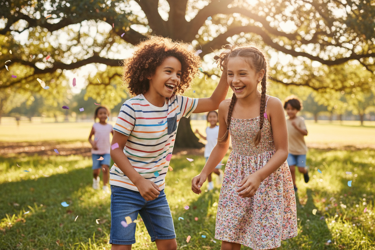 2 kinds age 9-12 laughing, being playful