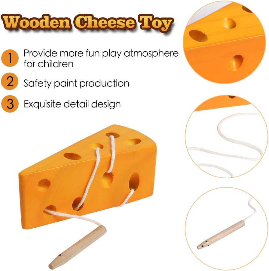 Wooden Lacing Cheese Threading Toy Montessori Airplane Travel Game Toys Wood Block Puzzle Fine Motor Skills Activity Learning Educational Gift for Toddlers Baby Kids 3 4 5 Years Old, 1 Cheese