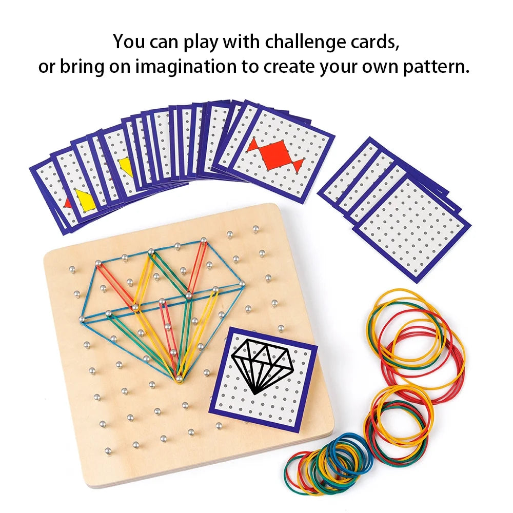 Wooden Geoboard Educational Toys with Activity Pattern Cards and Rubber Bands STEM Puzzle for 1 2 3 Years Old