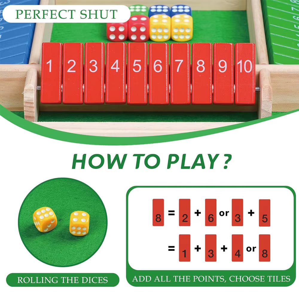 Shut the Box Dice Game,2-4 Player Family Wooden Board Table Math Games for Adults, 8 Dices Classics Tabletop Version Games for C