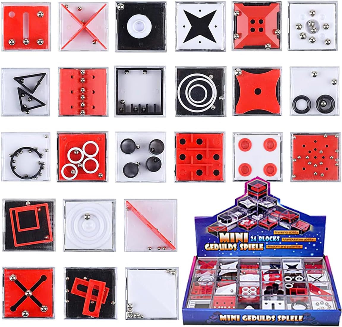 Mini Cube Puzzle Box Set, Brain Game 24PCS Maze Puzzle Box 3D Three-Dimensional Ball Maze Funny and Cool Brain Teasers for Kids-Safe for Boys, Girls, Teens, Party Favors (Red)