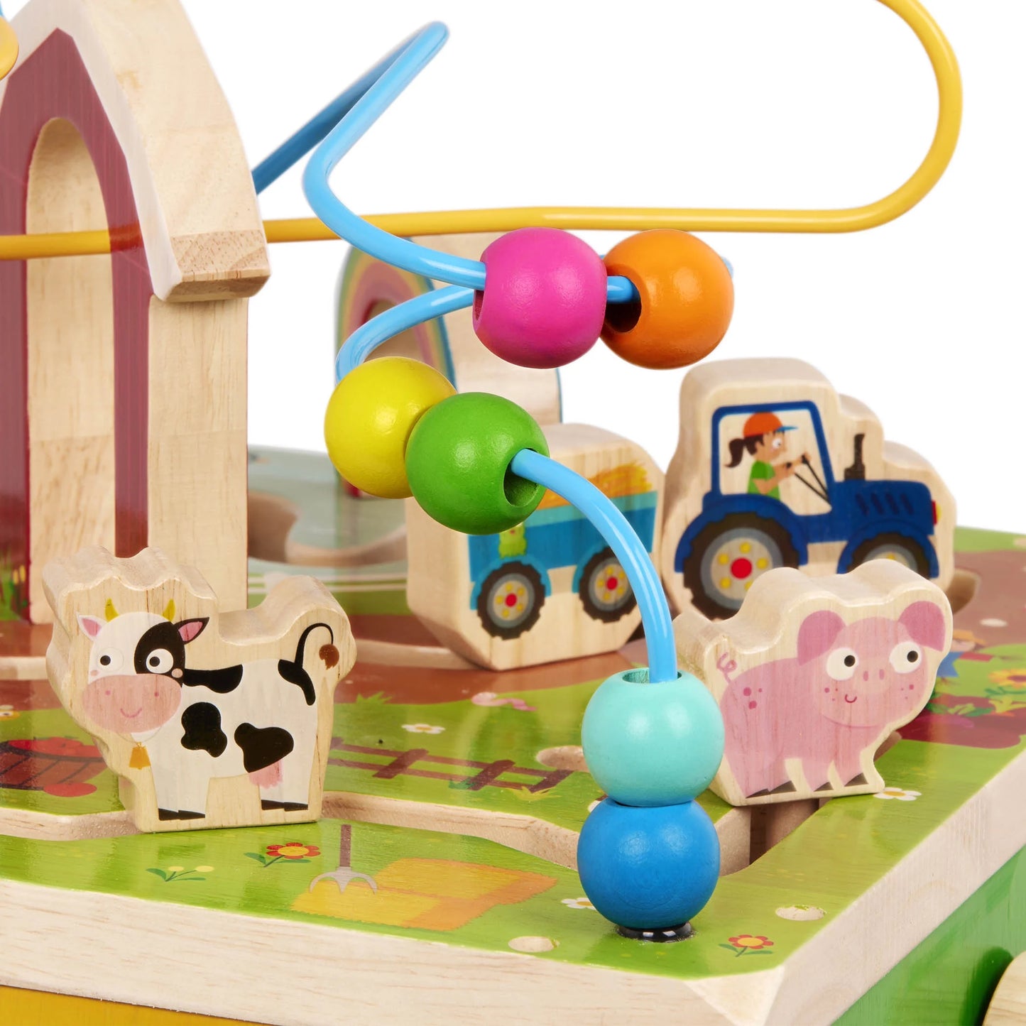 Barnyard Activity Cube with 5 Multicolor Sides and Bead Maze Wooden, Baby and Toddler Toys