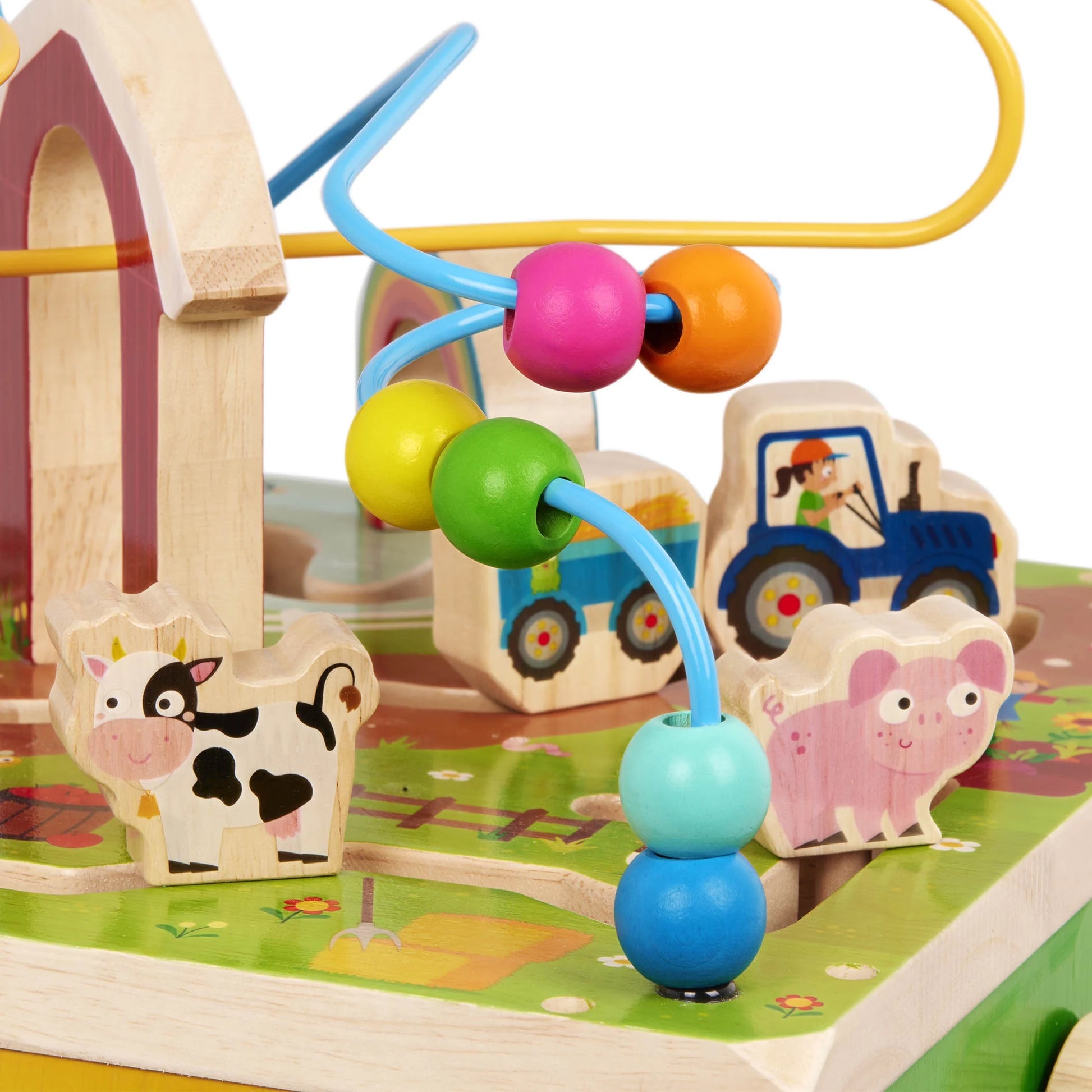 Barnyard Activity Cube with 5 Multicolor Sides and Bead Maze Wooden, Baby and Toddler Toys