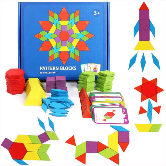 155 Pcs Wooden Pattern Blocks Set Geometric Shape Puzzle Kindergarten Classic Educational Montessori Tangram Toys for Kids