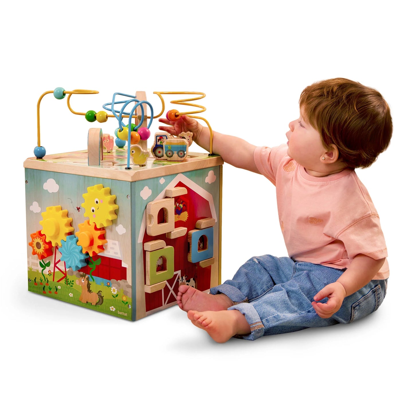 Barnyard Activity Cube with 5 Multicolor Sides and Bead Maze Wooden, Baby and Toddler Toys