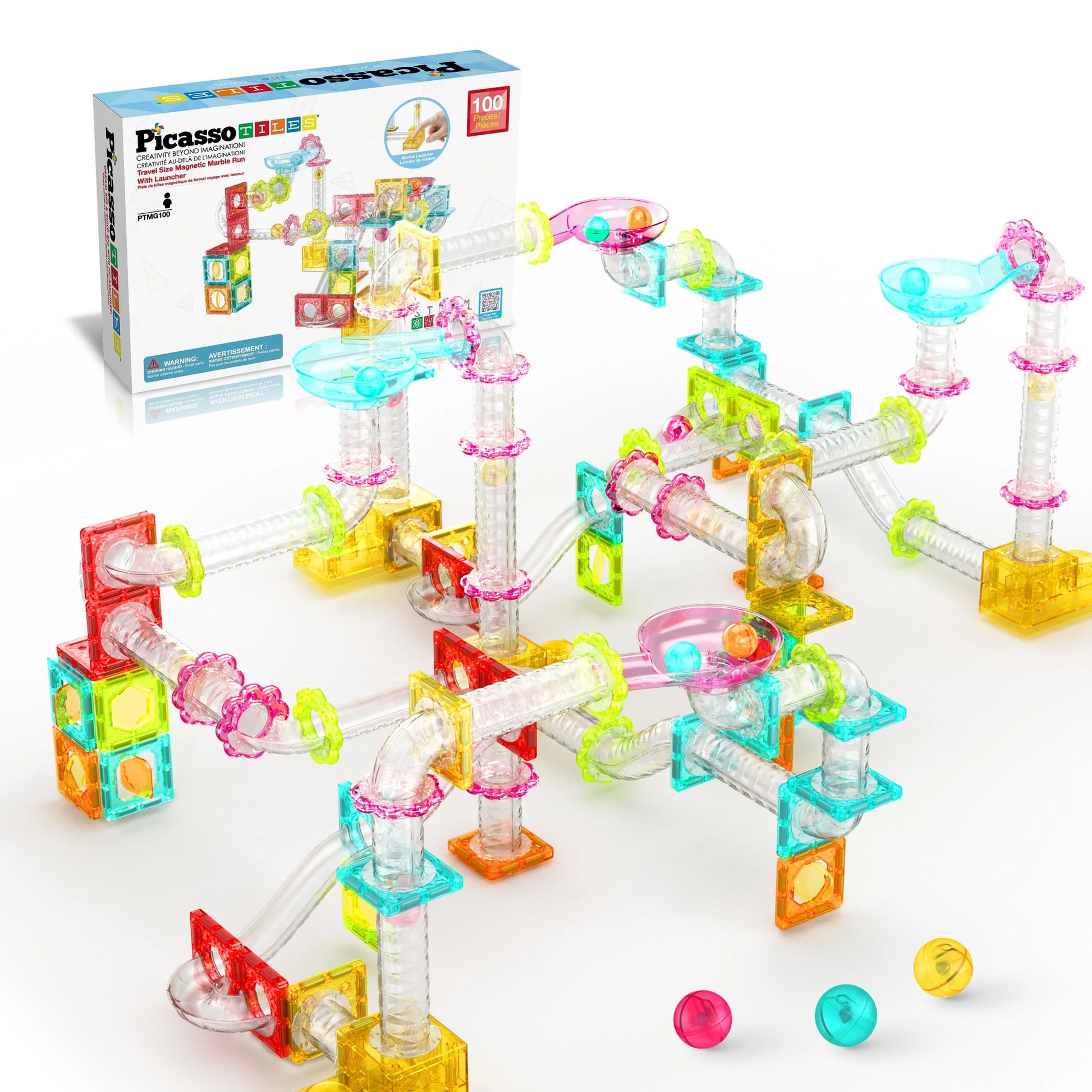 Picassotiles Mini Marble Run Magnetic Tiles for Kids – 60PCS STEM Building Blocks Race Track, Educational Travel Construction Toy Set