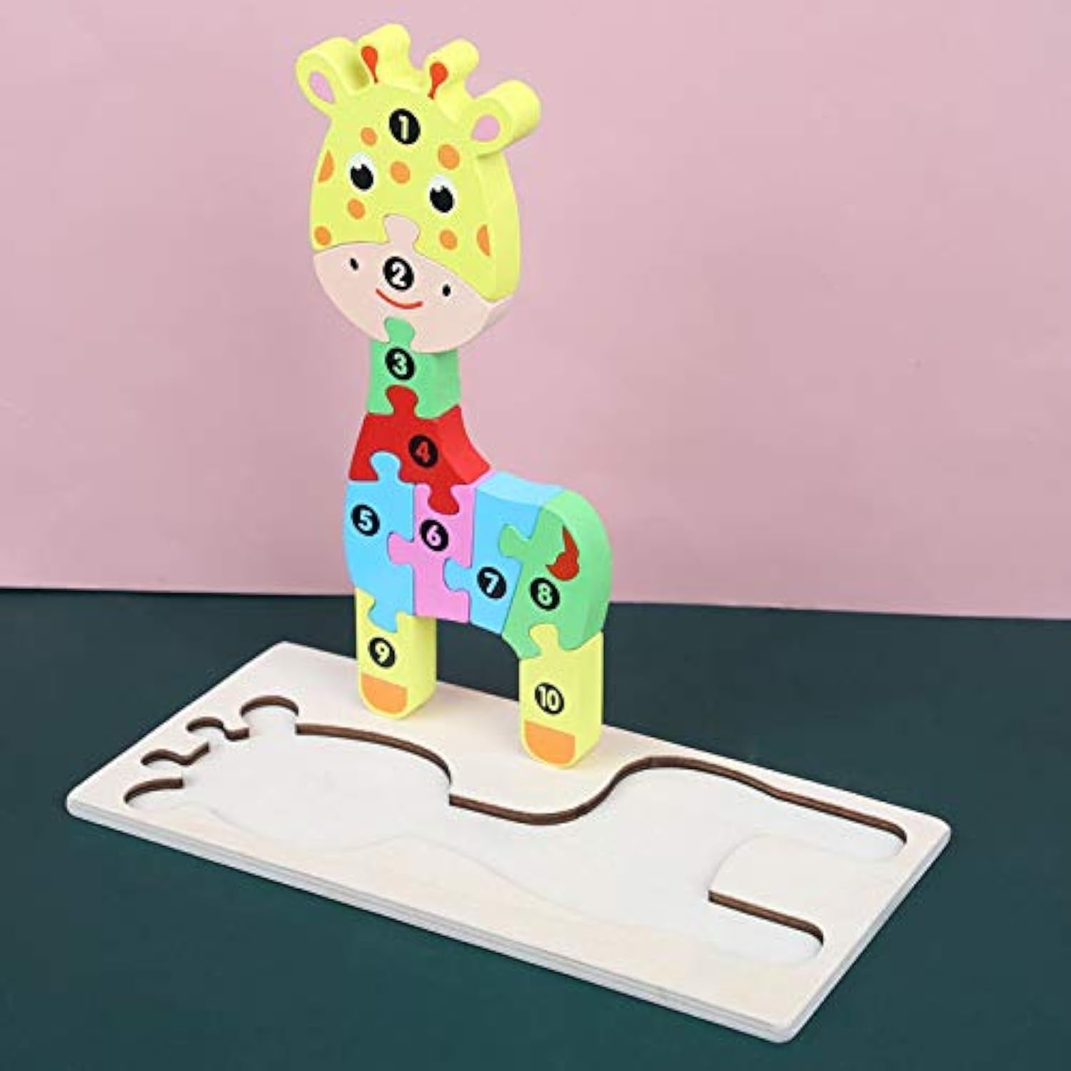 Wooden 3D Jigsaw Puzzle for Kids, Animal Number Block Puzzles for Toddlers, Educational Learning Montessori Toys for Boys and Girls (Giraffe)