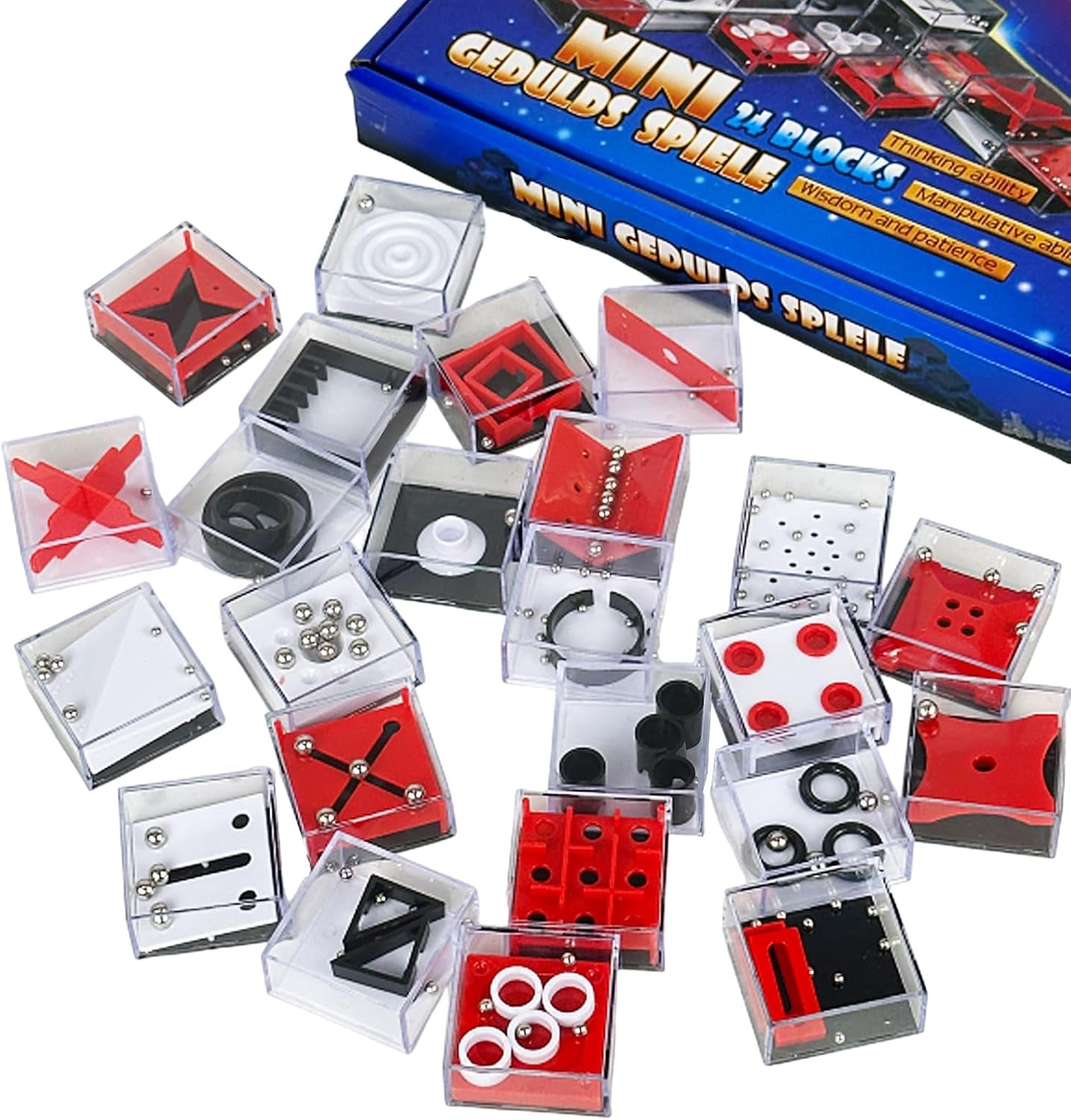Mini Cube Puzzle Box Set, Brain Game 24PCS Maze Puzzle Box 3D Three-Dimensional Ball Maze Funny and Cool Brain Teasers for Kids-Safe for Boys, Girls, Teens, Party Favors (Red)