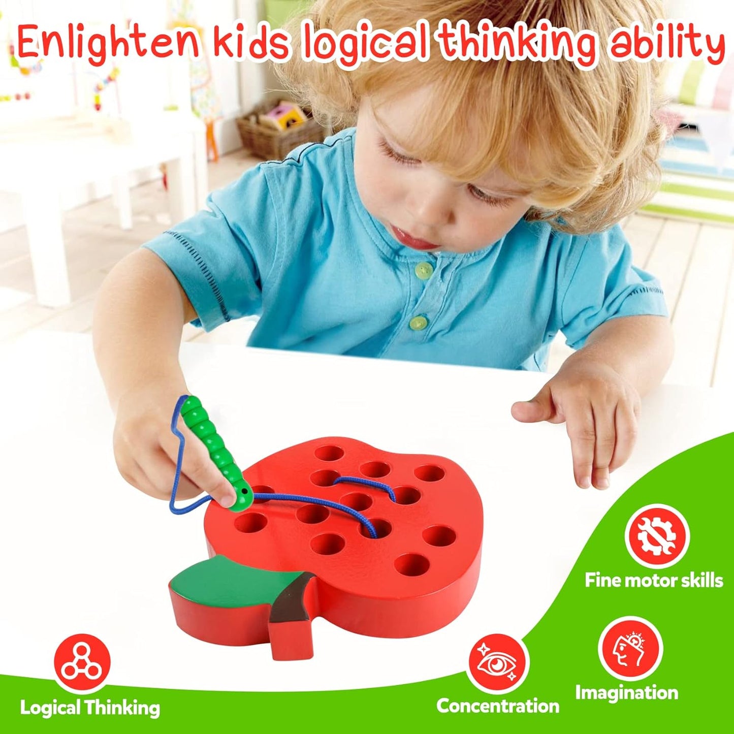 Wooden Lacing Apple Toy for Toddlers 3-5 Years Old, Montessori Fine Motor Skills Threading Puzzle, Educational Travel Gift for Boys & Girls