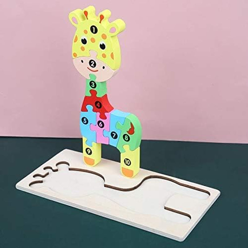 Wooden 3D Jigsaw Puzzle for Kids, Animal Number Block Puzzles for Toddlers, Educational Learning Montessori Toys for Boys and Girls (Giraffe)