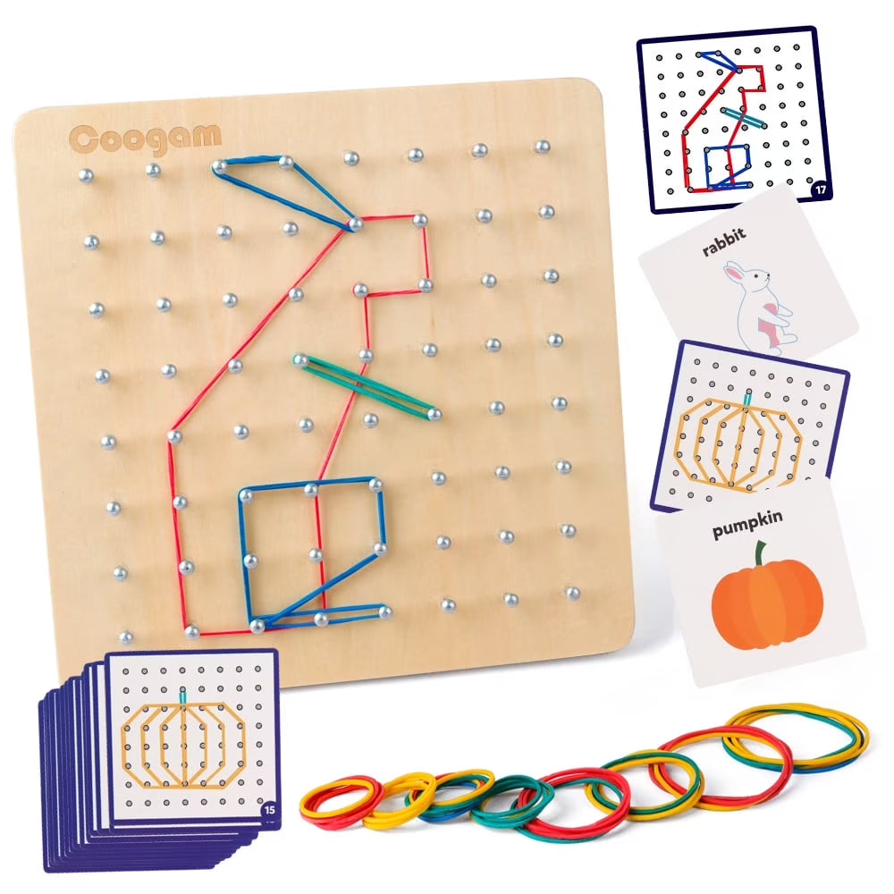 Wooden Geoboard Educational Toys with Activity Pattern Cards and Rubber Bands STEM Puzzle for 1 2 3 Years Old
