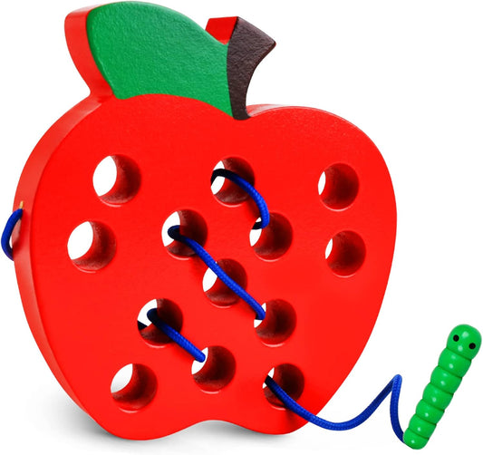 Wooden Lacing Apple Toy for Toddlers 3-5 Years Old, Montessori Fine Motor Skills Threading Puzzle, Educational Travel Gift for Boys & Girls