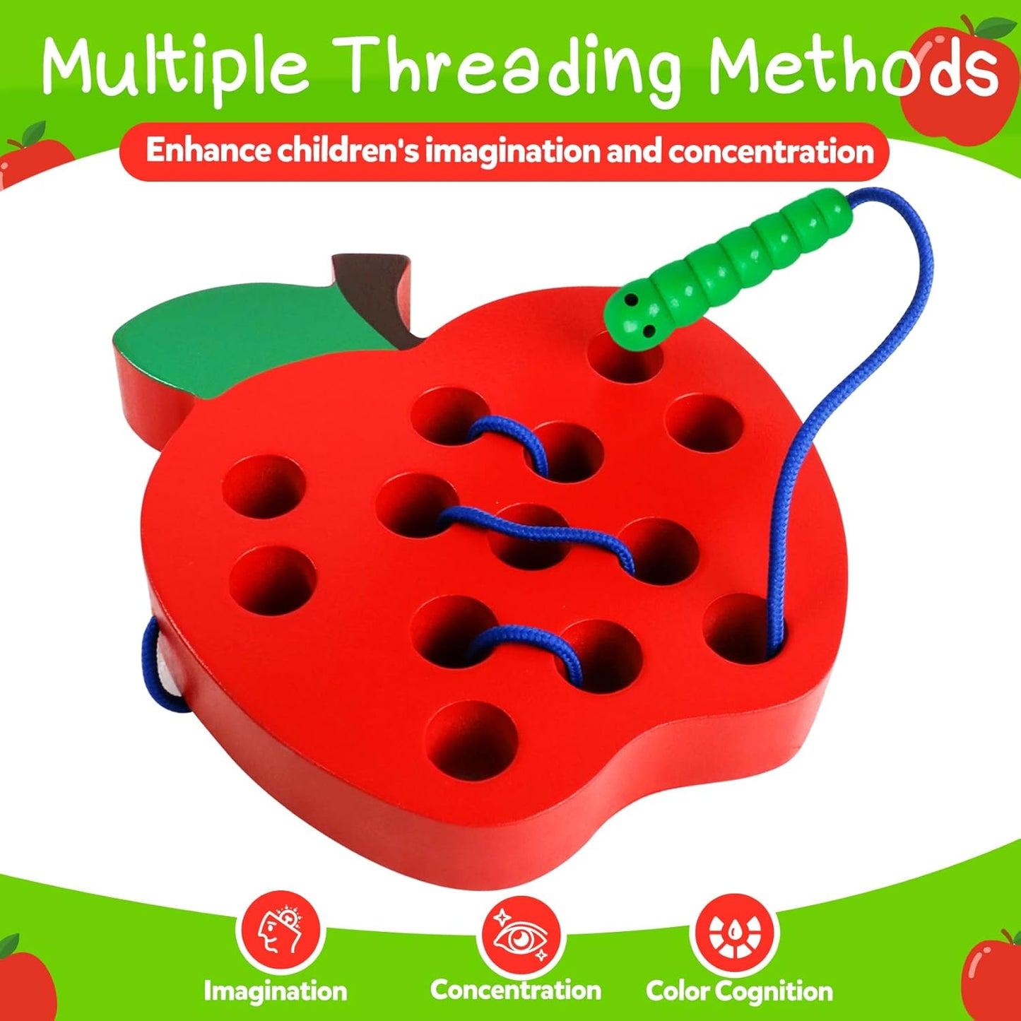 Wooden Lacing Apple Toy for Toddlers 3-5 Years Old, Montessori Fine Motor Skills Threading Puzzle, Educational Travel Gift for Boys & Girls
