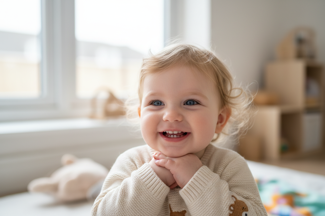 A lovely kid age 1-2, warm smile, white with blond hair
