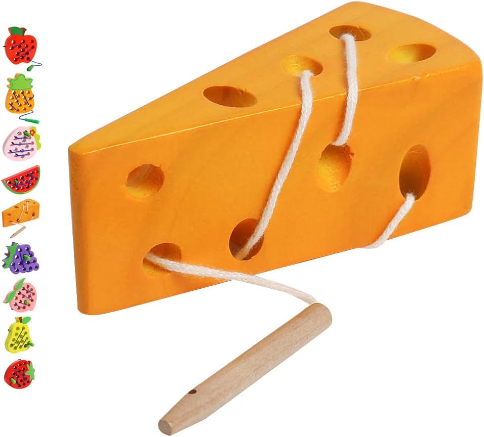 Wooden Lacing Cheese Threading Toy Montessori Airplane Travel Game Toys Wood Block Puzzle Fine Motor Skills Activity Learning Educational Gift for Toddlers Baby Kids 3 4 5 Years Old, 1 Cheese