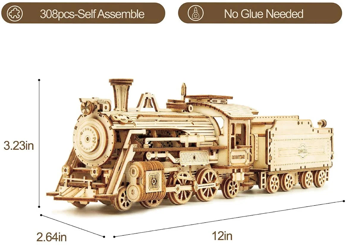3D Wooden Puzzle for Adults-Mechanical Train Model Kits-Brain Teaser Puzzles-Vehicle Building Kits-Unique Gift for Kids on Birthday/Christmas Day(1:80 Scale)