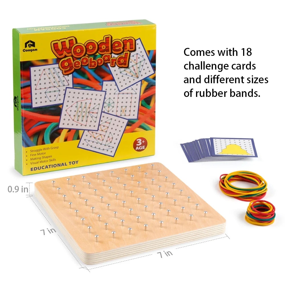 Wooden Geoboard Educational Toys with Activity Pattern Cards and Rubber Bands STEM Puzzle for 1 2 3 Years Old