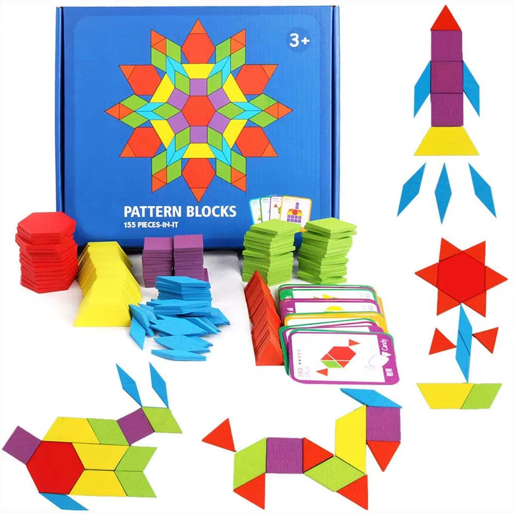 155 Pcs Wooden Pattern Blocks Set Geometric Shape Puzzle Kindergarten Classic Educational Montessori Tangram Toys for Kids