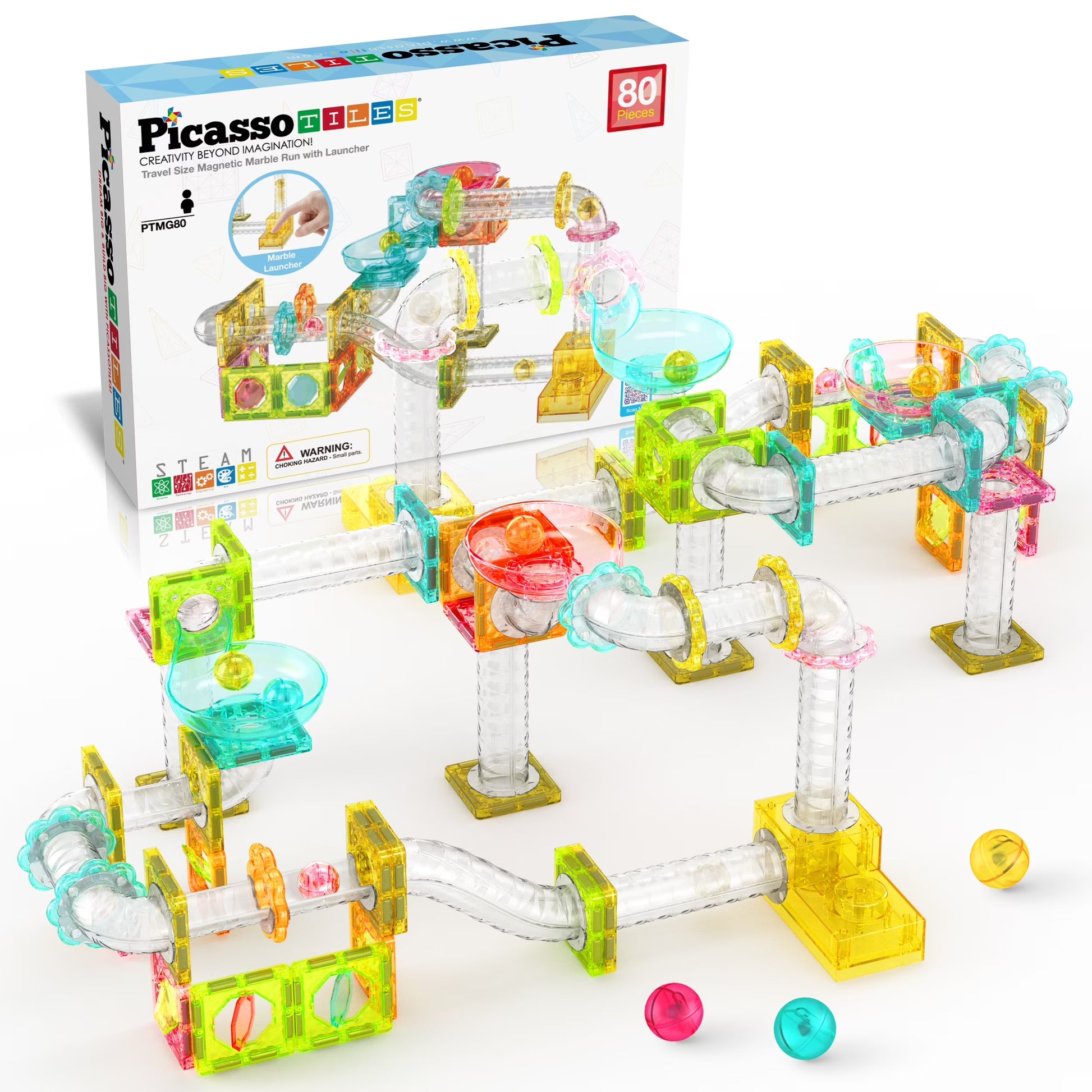 Picassotiles Mini Marble Run Magnetic Tiles for Kids – 60PCS STEM Building Blocks Race Track, Educational Travel Construction Toy Set