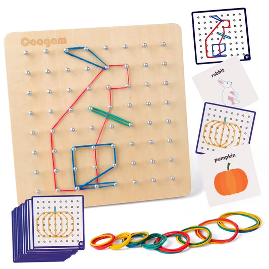 Wooden Geoboard Educational Toys with Activity Pattern Cards and Rubber Bands STEM Puzzle for 1 2 3 Years Old