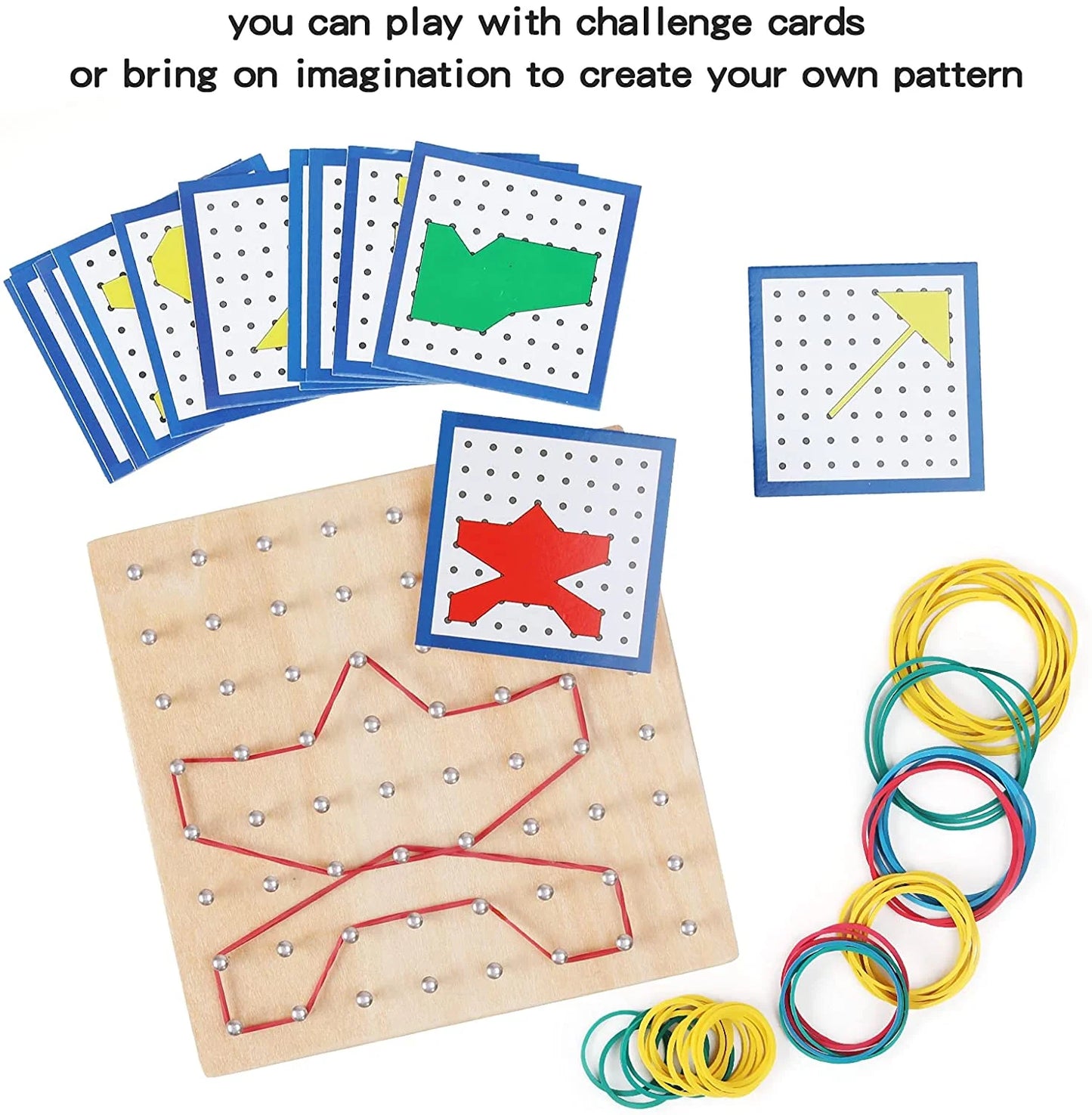 Stem Geo Board – 8X8 Math Manipulative for Kids Ages 3+ with Pattern Cards & Rubber Bands