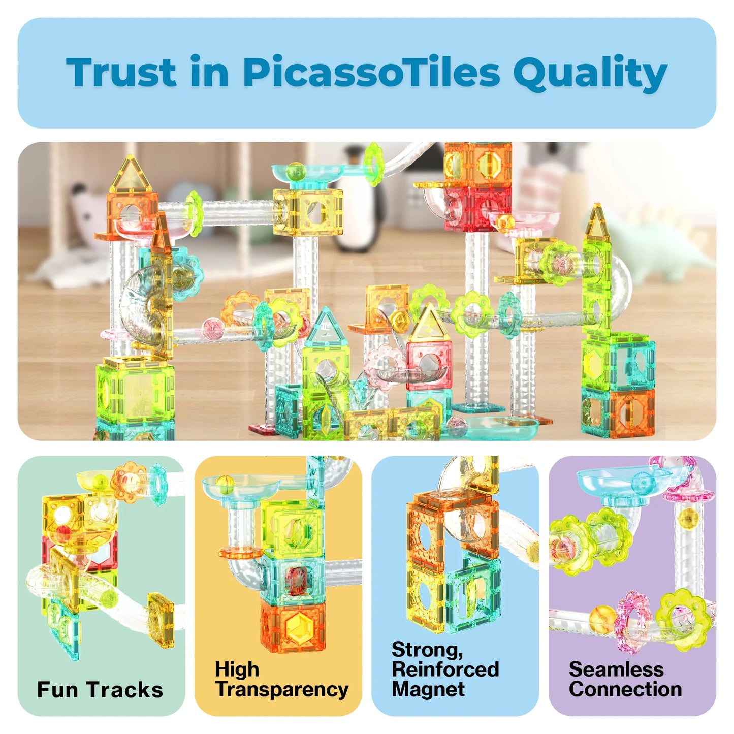 Picassotiles Mini Marble Run Magnetic Tiles for Kids – 60PCS STEM Building Blocks Race Track, Educational Travel Construction Toy Set