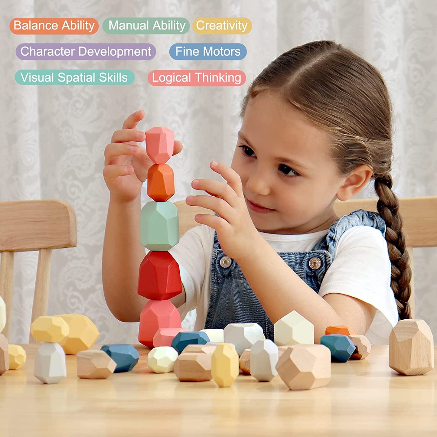 36 PCS Wooden Sorting Stacking Rocks Stones,Sensory Toddler Toys Learning Montessori Toys, Building Blocks Game for Kids 3 4 5 6 Years Boy and Girl Birthday Gifts for Kids