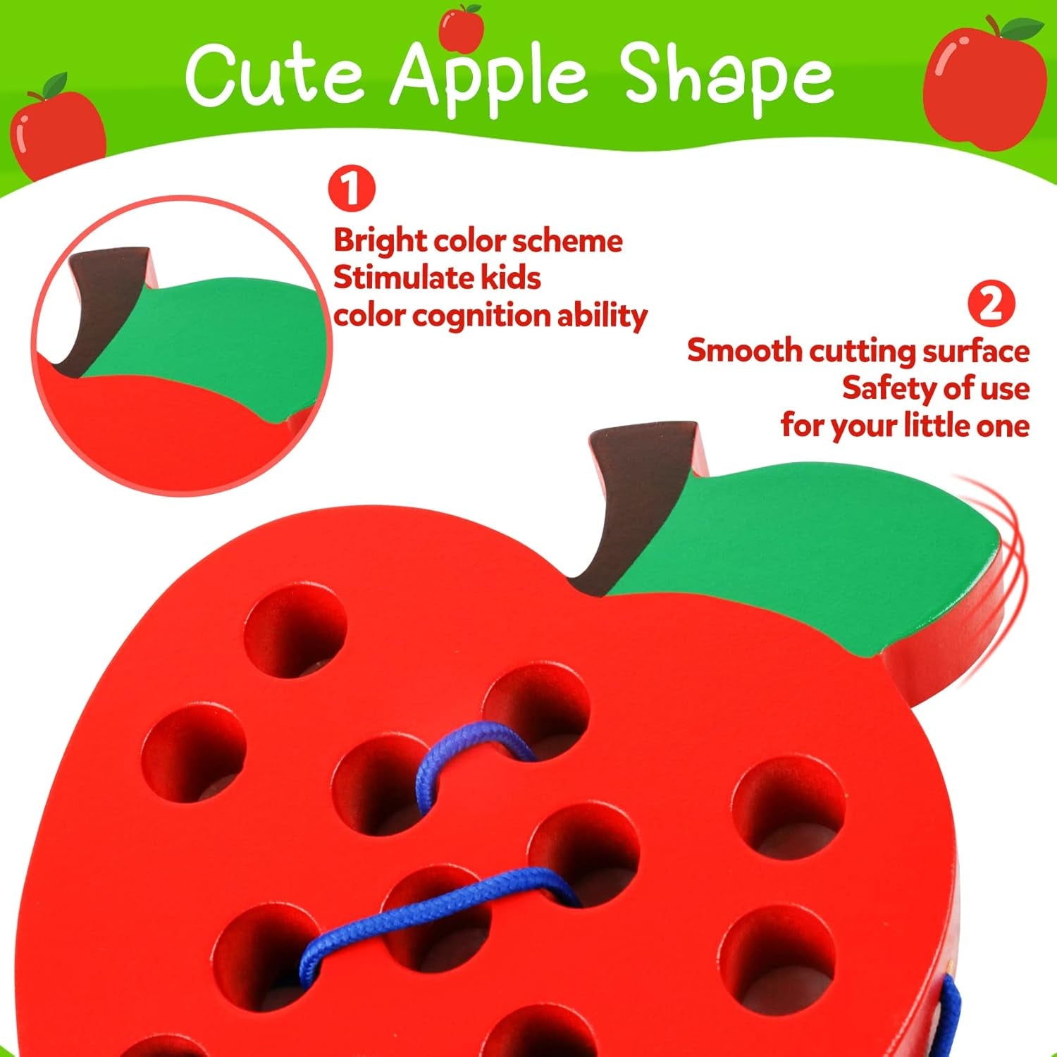 Wooden Lacing Apple Toy for Toddlers 3-5 Years Old, Montessori Fine Motor Skills Threading Puzzle, Educational Travel Gift for Boys & Girls