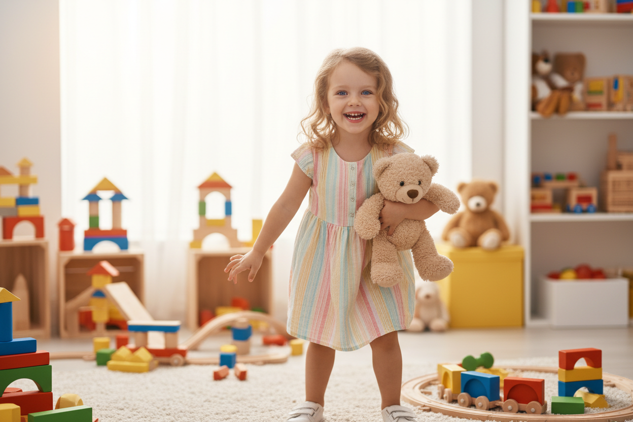 Lovely smiley girl between 6-8 years old, warm smile white brown hair